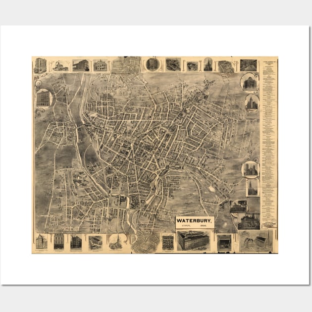 Vintage Pictorial Map of Waterbury CT (1899) Wall Art by Bravuramedia